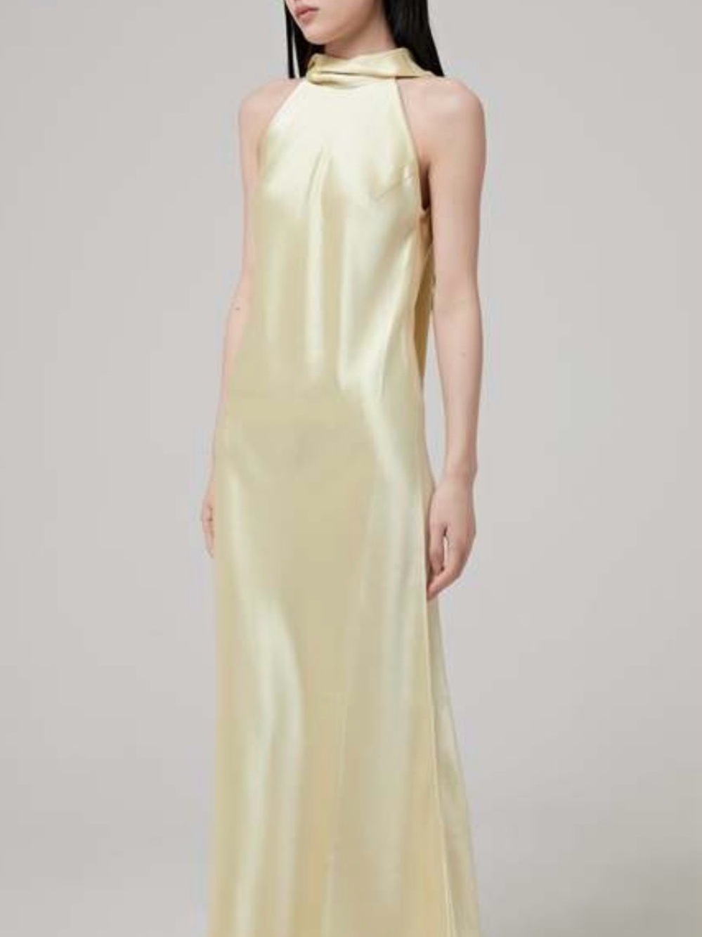 Satin Halter Maxi Dress in Pale Yellow